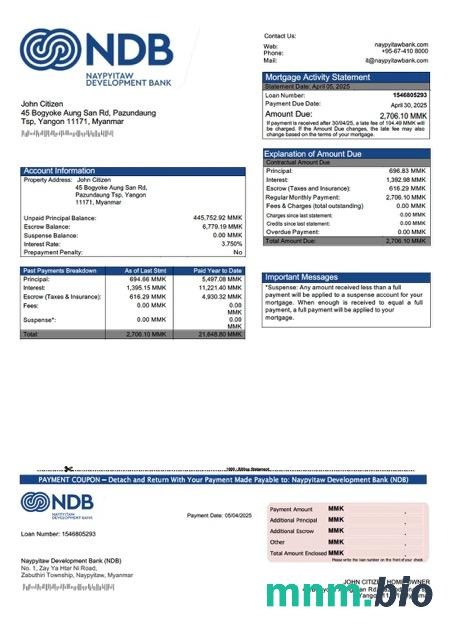 Myanmar Naypyitaw Development Bank (NDB) wyciąg z kredytu hipotecznego szablon Word i PDF